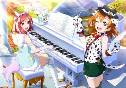 Rule 34 | 2girls, animal ears, animal hands, artist request, asymmetrical legwear, bare shoulders, blue eyes, blush, boots, bow, dalmatian, dog ears, dog tail, fake animal ears, fingerless gloves, flower, frills, gloves, hair bow, hat, holding, instrument, kosaka honoka, leaf, looking at viewer, love live!, love live! school idol festival, love live! school idol project, mismatched legwear, multiple girls, music, nishikino maki, official art, one eye closed, one side up, open mouth, orange hair, outdoors, paw gloves, piano, playing instrument, purple eyes, sheet music, short hair, shorts, side ponytail, sitting, sleeveless, smile, star (symbol), suspenders, tail, thighhighs, unicorn, wings