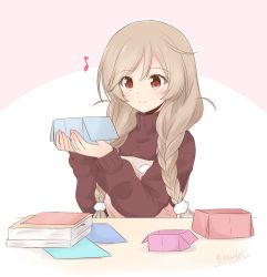 Rule 34 | 1girl, beige dress, book, box, braid, brown sweater, cloud hair ornament, commentary request, eighth note, gradient hair, kantai collection, light brown hair, long hair, low twin braids, minegumo (kancolle), multicolored hair, musical note, official alternate costume, one-hour drawing challenge, red eyes, shizuna kaede, smile, solo, sweater, turtleneck, twin braids, upper body
