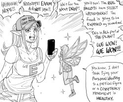 Rule 34 | 2020, 2020 us election, 2girls, bad id, baseball cap, bb (baalbuddy), breasts, cellphone, cleavage, commentary, crying, crying with eyes open, denial, elf, emphasis lines, english commentary, english text, fairy, fairy wings, greyscale, hat, highres, holding, holding phone, inactive account, large breasts, make america great again, mini person, minigirl, monochrome, multiple girls, original, phone, pointy ears, politics, ponytail, qanon, shirt, smartphone, speech bubble, sweat, t-shirt, tears, teeth, truth, upper teeth only, wings