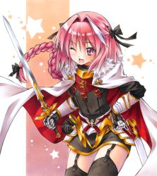 Rule 34 | 1boy, ;d, astolfo (fate), black thighhighs, bow, braid, cape, fang, fate/apocrypha, fate (series), garter straps, gauntlets, hair bow, hand on own hip, male focus, one eye closed, open mouth, pink eyes, pink hair, single braid, smile, solo, star (symbol), sword, thighhighs, trap, weapon, yuto cafe