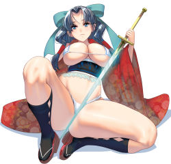Rule 34 | 1girl, bikini, black socks, blue eyes, breasts, cleavage, covered erect nipples, full body, fundoshi, grey hair, hair ribbon, hair tubes, highres, holding, holding sword, holding weapon, japanese clothes, kneehighs, kouno (masao), large breasts, long hair, looking at viewer, obi, original, ribbon, sandals, sash, simple background, sitting, socks, solo, spread legs, swimsuit, sword, weapon, white background, wide sleeves