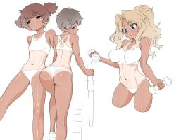Rule 34 | 10s, 3girls, alisa (girls und panzer), arm support, ass, back, bikini, breasts, brown eyes, brown hair, closed mouth, commentary request, cropped legs, dumbbell, freckles, from behind, girls und panzer, hair intakes, holding, kay (girls und panzer), large breasts, light frown, long hair, looking at viewer, looking back, multiple girls, naomi (girls und panzer), navel, one-piece tan, parted lips, perky breasts, shoes, short hair, short twintails, simple background, small breasts, sports bikini, sports bra, standing, swimsuit, tan, tanline, thong, thong bikini, toned, twintails, very short hair, wata do chinkuru, white background, white bikini, white footwear