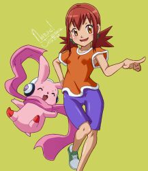 Rule 34 | armpits, blush, cameltoe, cutemon, digimon, digimon xros wars, hair ornament, hairclip, happy, highres, hinomoto akari, index finger raised, long hair, looking at viewer, nanaeljustice, orange eyes, pink scarf, red hair, scarf, shiny skin, twintails, wide hips