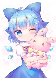 Rule 34 | 1girl, blue bow, blue dress, blue eyes, blue hair, blush, bow, cirno, closed mouth, coa (chroo x), collared shirt, detached wings, dress, fairy, hair bow, highres, holding, holding stuffed toy, hugging doll, hugging object, ice, ice wings, one eye closed, puffy short sleeves, puffy sleeves, shirt, short hair, short sleeves, solo, stuffed animal, stuffed rabbit, stuffed toy, touhou, upper body, white shirt, wings