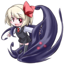 Rule 34 | 1girl, black thighhighs, blonde hair, blush, chibi, darkness, embodiment of scarlet devil, fang, female focus, full body, hair ribbon, kugelschreiber, outstretched arms, red eyes, ribbon, rumia, short hair, simple background, solo, spread arms, thighhighs, touhou, white background