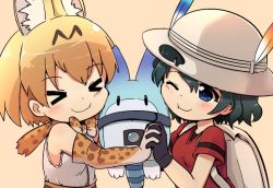 Rule 34 | &gt; &lt;, 10s, 2girls, ;t, animal ears, animal print, armpit peek, b3, backpack, bag, belt, black gloves, black hair, blue eyes, blush, bow, bowtie, bucket hat, cheek-to-cheek, cheek press, dot nose, elbow gloves, eyelashes, closed eyes, facing viewer, gloves, grey belt, hair between eyes, hat, hat feather, heads together, high-waist skirt, holding hands, interlocked fingers, kaban (kemono friends), kemono friends, looking at another, looking to the side, lucky beast (kemono friends), multiple girls, one eye closed, orange hair, pink background, prin bow, prin bowtie, print bow, print bowtie, print gloves, red shirt, sandwiched, serval (kemono friends), serval print, shirt, short hair, short sleeves, simple background, skirt, sleeveless, sleeveless shirt, smile, tareme, upper body, wavy hair, white shirt, x)