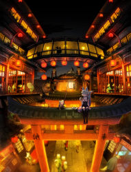 Rule 34 | 1girl, animal ears, architecture, black thighhighs, blunt bangs, building, corset, dishes, east asian architecture, eating, fantasy, food, fox, fox ears, fox tail, frog, furry, furry female, highres, japanese clothes, kimono, lantern, multiple torii, night, night sky, on roof, original, outdoors, paper lantern, pavement, perspective, plate, restaurant, rias-coast, road, rooftop, sandals, shop, short hair, sidelocks, silver hair, sitting, sitting on roof, sky, storefront, sushi, table, tail, thighhighs, tile roof, torii, vanishing point, yakitori, zettai ryouiki