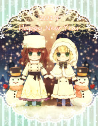 Rule 34 | 2girls, black hat, blonde hair, brown hair, building, cardia beckford, character request, closed mouth, coat, code:realize, commentary request, english text, green eyes, happy new year, hat, highres, hoshi no pon, long hair, mittens, multiple girls, new year, night, smile, snow, snowing, snowman, sparkle, standing, top hat, white hat