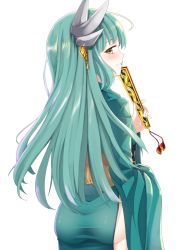 Rule 34 | 1girl, aqua hair, ass, blush, breasts, eyebrows, fate/grand order, fate (series), folding fan, gn2, green hair, hair ornament, hand fan, horns, japanese clothes, kimono, kiyohime (fate), long hair, looking at viewer, no panties, parted lips, pelvic curtain, shiny clothes, shiny skin, simple background, smile, solo, very long hair, white background, yellow eyes