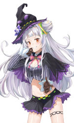Rule 34 | 1girl, absurdres, black hat, blunt bangs, blush, breasts, cone hair bun, cropped shirt, frilled ribbon, frills, gloves, grey hair, grey shirt, hair bun, hair ribbon, half updo, hat, highres, hololive, kaze 22, long hair, long sleeves, midriff, murasaki shion, murasaki shion (1st costume), navel, pinstripe pattern, pinstripe shirt, ribbon, shirt, short eyebrows, sidelocks, single side bun, skirt, small breasts, solo, striped clothes, striped shirt, thigh strap, tilted headwear, vertical-striped clothes, vertical-striped shirt, virtual youtuber, witch hat, yellow eyes