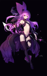 Rule 34 | 1girl, absurdres, aisha landar, bare shoulders, black background, book, breasts, closed mouth, detached sleeves, elsword, floating hair, full body, glowing, hair between eyes, hat, highres, holding, long hair, looking at viewer, navel, oz sorcerer (elsword), purple eyes, purple hair, simple background, smile, solo, swd3e2, underboob, waist cape, witch, witch hat
