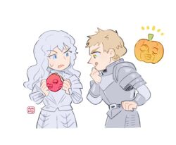 Rule 34 | 2boys, :q, armor, artist name, aukives, behelit, berserk, blonde hair, blue eyes, closed mouth, commentary, crossover, dungeon meshi, english commentary, grey hair, griffith (berserk), hand on own chin, hand on own hip, holding, laios touden, long hair, looking at another, male focus, multiple boys, open mouth, pumpkin, short hair, shoulder armor, simple background, sweat, tongue, tongue out, wavy hair, white background, yellow eyes