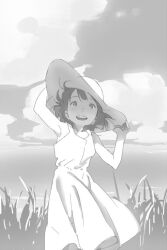 Rule 34 | 1girl, bare shoulders, cloud, dress, grass, greyscale, hat, kondoo, looking at viewer, monochrome, open mouth, original, outdoors, short hair, sketch, sky, smile, solo, sun hat, sundress, tall grass