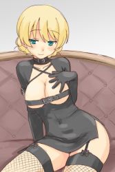 Rule 34 | 1girl, alternate costume, animal collar, belt bra, black collar, black dress, black thighhighs, blonde hair, blue eyes, braid, breasts, cleavage, collar, commentary, couch, darjeeling (girls und panzer), dominatrix, dress, fishnet thighhighs, fishnets, garter straps, girls und panzer, half-closed eyes, hand on own chest, leaning to the side, long sleeves, medium breasts, microdress, short hair, side slit, solo, thighhighs, twin braids, uona telepin