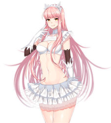 Rule 34 | 1girl, :q, bandeau, blunt bangs, blush, breasts, cleavage, cowboy shot, fate/grand order, fate (series), frills, gloves, groin, kanosigu, layered skirt, long hair, looking at viewer, medb (fate), medium breasts, miniskirt, navel, pink hair, sidelocks, skirt, smile, solo, stomach, tiara, tongue, tongue out, v-shaped eyebrows, very long hair, white gloves, white skirt, yellow eyes
