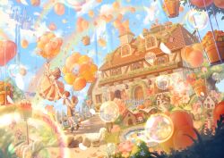 Rule 34 | 1boy, 1girl, absurdres, animal, balloon, bird, brown eyes, brown hair, bubble, castle, cat, cloud, cottage (building), day, duck, fence, floating, floating castle, food, fruit, highres, holding, holding hands, house, long hair, long sleeves, mkt ocha, open mouth, orange (fruit), original, outdoors, plant, potted plant, rainbow, shorts, skirt, sky, smile, squirrel, suspender shorts, suspender skirt, suspenders, tree stump, water, waterfall