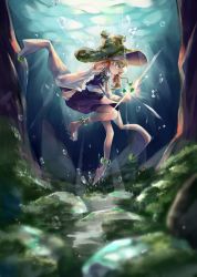 Rule 34 | 1girl, absurdres, air bubble, anklet, bad anatomy, bare legs, blonde hair, brown hat, bubble, commentary request, green eyes, hair ribbon, hat, highres, jewelry, long hair, long sleeves, moriya suwako, moss, necklace, purple skirt, purple vest, red ribbon, ribbon, sidelocks, skirt, skirt set, solo, touhou, tress ribbon, turtleneck, underwater, vest, wide sleeves, zhu xiang