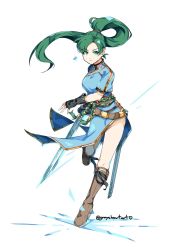 Rule 34 | boots, earrings, fingerless gloves, fire emblem, fire emblem: the blazing blade, fire emblem heroes, full body, gloves, graysheartart, green eyes, green hair, high ponytail, highres, jewelry, long hair, looking at viewer, lyn (fire emblem), nintendo, pelvic curtain, ponytail, side slit, simple background, sword, weapon