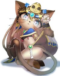 Rule 34 | 1girl, animal ears, armlet, ass, bandeau, bastet (cat busters), blue eyes, blush, breasts, brown footwear, brown hair, cat busters, cat ears, cat tail, egyptian clothes, female focus, flower, from behind, full body, furry, furry female, hair flower, hair ornament, hand up, head tilt, headpiece, holding, kneeling, lifting own clothes, loincloth lift, long hair, looking at viewer, looking back, lotus, navel, no humans, no panties, onikuman, open mouth, sandals, simple background, small breasts, solo, tail, very long hair, whiskers, white background, white flower