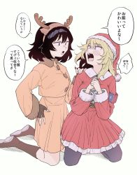 Rule 34 | 2girls, alternate costume, andou (girls und panzer), animal costume, antlers, armband, bc freedom (emblem), black eyes, black gloves, black hair, black legwear, blonde hair, blue eyes, blush, boots, brown coat, brown dress, brown eyes, brown footwear, christmas, coat, collared dress, constricted pupils, dark-skinned female, dark skin, dress, emblem, fake antlers, fingerless gloves, frown, fur trim, girls und panzer, gloves, hand on another&#039;s shoulder, hand on own hip, hat, highres, horns, kneeling, kyunhawa, long sleeves, looking at another, medium dress, medium hair, messy hair, multiple girls, open mouth, oshida (girls und panzer), own hands together, pantyhose, red dress, red headwear, reindeer antlers, reindeer costume, santa costume, santa dress, santa hat, simple background, translated, white background