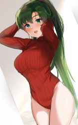 Rule 34 | 1girl, absurdres, arms behind head, arms up, blush, breasts, commentary, earrings, fire emblem, fire emblem: the blazing blade, green eyes, green hair, heattech leotard, highleg, highleg leotard, highres, jewelry, leotard, long hair, long sleeves, looking at viewer, lyn (fire emblem), medium breasts, nintendo, open mouth, ormille, ponytail, red leotard, solo, thighs, turtleneck