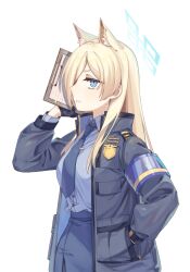 Rule 34 | 1girl, animal ear fluff, animal ears, armband, black gloves, black jacket, blonde hair, blue archive, blue eyes, blue necktie, blue shirt, blue skirt, breasts, clipboard, collared shirt, dog ears, extra ears, glaring, gloves, hair over one eye, halo, hand in pocket, highres, holding, holding clipboard, jacket, kanna (blue archive), long hair, long sleeves, looking at viewer, necktie, notched ear, open clothes, open jacket, open mouth, police badge, shirt, sidelocks, sideways mouth, simple background, skirt, small breasts, solo, tosankaku, upper body, v-shaped eyebrows, white background