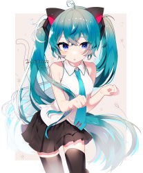 Rule 34 | 1girl, :o, absurdres, animal ears, aqua hair, aqua necktie, black skirt, black thighhighs, blue eyes, border, cat ears, cat tail, collared shirt, dated, detached sleeves, grey background, hatsune miku, highres, long hair, looking at viewer, necktie, open mouth, pleated skirt, shirt, signature, simple background, skirt, solo, tail, thighhighs, twintails, tyazakura sayu, very long hair, vocaloid, white border, white shirt