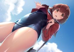 Rule 34 | 1girl, blue one-piece swimsuit, blush, breasts, brown eyes, brown hair, cloud, covered navel, day, from below, hair between eyes, hair ornament, headgear, highres, kantai collection, long sleeves, looking at viewer, one-piece swimsuit, outdoors, parted lips, red sailor collar, sailor collar, school uniform, serafuku, shinozuka jouji, short hair, sky, small breasts, solo, swimsuit, swimsuit under clothes, tan yang (kancolle), teeth, thighs, upper teeth only, yukikaze (kancolle)
