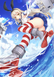 Rule 34 | 1girl, armpits, ass, bell (angelicalary), black panties, blonde hair, blue skirt, blue sky, blush, breasts, closed mouth, cloud, commentary request, crop top, day, elbow gloves, full body, gloves, hair between eyes, highleg, highleg panties, highres, kantai collection, legs, lifebuoy, long hair, looking at viewer, miniskirt, ocean, outdoors, panties, rensouhou-chan, sailor collar, school uniform, serafuku, shimakaze (kancolle), skirt, sky, small breasts, striped clothes, striped thighhighs, swim ring, thighhighs, thighs, thong, underwear, water, white gloves, yellow eyes