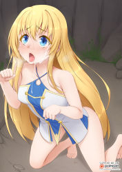 Rule 34 | 10s, 1girl, ass, bare arms, bare legs, bare shoulders, barefoot, blonde hair, blue eyes, blush, breasts, cum, dress, dungeon, english text, facial, goblin slayer!, hair between eyes, happy, hat, heart, highres, hypnosis, kneeling, long hair, looking up, mind control, multicolored clothes, multicolored dress, on ground, open mouth, patreon logo, patreon username, priestess (goblin slayer!), pussy juice, small breasts, solo, tongue, vahn yourdoom