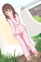 Rule 34 | 1girl, bedwetting, blue sky, blush, brick wall, brown eyes, brown footwear, brown hair, clenched hands, dot nose, dutch angle, embarrassed, female focus, full body, futon, grass, hair ornament, highres, hoshino yuumi, kimi kiss, knees together feet apart, lemonade (lemon ade115), long hair, long sleeves, looking at viewer, outdoors, pajamas, pants, pee, pee stain, peeing, peeing self, pink pajamas, pink pants, pink shirt, shirt, sky, slippers, solo, stain, stained clothes, stained pajamas, stained pants, standing, tearing up, tears, toes, wall, wet, wet clothes, wet pajamas, wet pants, x hair ornament