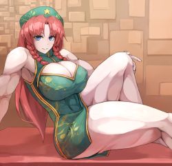 Rule 34 | 1girl, bare legs, blue eyes, braid, breasts, china dress, chinese clothes, cleavage, cleavage cutout, clothing cutout, dress, green dress, hat, hong meiling, huge breasts, leg lift, long hair, looking at viewer, muscular, muscular female, orange hair, poini (king-scarlet-dead), red hair, short dress, side braids, sitting, sleeveless, sleeveless dress, smile, solo, star (symbol), thick thighs, thighs, touhou, twin braids