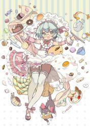 Rule 34 | 1girl, cake, candy, cat, checkerboard cookie, cookie, cup, cupcake, doughnut, food, full body, green hair, headdress, lollipop, macaron, maid, maid headdress, mouth hold, original, solo, somjeu, taiyaki, tea, teacup, teapot, thighhighs, tray, wafer stick, wagashi, white thighhighs