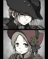 Rule 34 | 2girls, black headwear, bloodborne, bonnet, brown eyes, brown flower, close-up, closed mouth, commentary request, flower, frown, grey background, hair ribbon, hat, hat flower, highres, lady maria of the astral clocktower, long hair, looking at viewer, low ponytail, multiple girls, parted bangs, plain doll, ponytail, portrait, ribbon, rose, shimoda masaya, short hair, spoilers