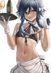 Rule 34 | 1boy, absurdres, alcohol, androgynous, apron, armlet, bikini, bikini top only, black hair, blue hair, braid, champagne, commentary request, crossdressing, genshin impact, glass, gloves, gradient hair, green eyes, grin, harris hero, highres, holding, holding tray, looking to the side, maid, maid headdress, male focus, multicolored hair, navel, open mouth, short hair with long locks, side braids, sidelocks, simple background, smile, solo, sweatdrop, swimsuit, trap, tray, twin braids, venti (genshin impact), waist apron, white background, white gloves