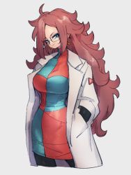 Rule 34 | 1girl, android 21, blue eyes, breasts, checkered clothes, checkered dress, closed mouth, dragon ball, dragon ball fighterz, dress, earrings, glasses, grey background, hand in pocket, hoop earrings, jewelry, kemachiku, lab coat, large breasts, long hair, looking at viewer, narrow waist, pantyhose, red hair, simple background, smile, solo, wide hips