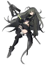 Rule 34 | 1girl, absurdres, antenna hair, arknights, belt, belt pouch, black footwear, black gloves, black shirt, black shorts, black thighhighs, boots, breasts, closed mouth, crocodilian tail, crop top, crossed bangs, fingerless gloves, full body, gavial (arknights), gavial (combat medic) (arknights), gloves, green hair, green jacket, hair between eyes, highres, holding, holding staff, jacket, long hair, long sleeves, looking at viewer, material growth, medium breasts, navel, official alternate costume, open clothes, open jacket, oripathy lesion (arknights), ozeu0916, pointy ears, pouch, shirt, short shorts, shorts, simple background, solo, staff, steel-toe boots, stomach, tail, thigh boots, thighhighs, thighhighs under boots, thighs, white background, yellow eyes, zettai ryouiki