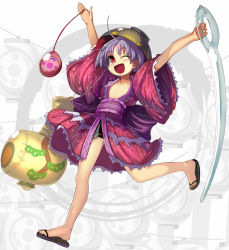 Rule 34 | 1girl, ;d, ahoge, arms up, blush, blush stickers, bowl, bowl hat, convenient censoring, flat chest, hat, highres, inflatable toy, japanese clothes, kimono, miracle mallet, needle, no bra, no panties, obi, one eye closed, open mouth, partially visible vulva, purple hair, red eyes, sash, short hair, smile, solo, sukuna shinmyoumaru, syope, touhou