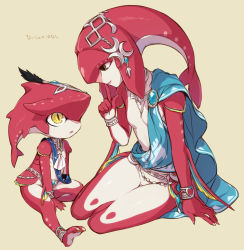 Rule 34 | 1boy, 1girl, aged down, bad id, bad pixiv id, bracelet, brother and sister, brown eyes, capelet, finger to mouth, fins, fish girl, from side, full body, gem, hair ornament, jewelry, looking at another, mipha, nintendo, pink lips, seiza, siblings, sidon, sitting, slit pupils, smile, the legend of zelda, the legend of zelda: breath of the wild, translated, utsugi (skydream), yellow eyes, zora