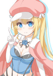 Rule 34 | 1girl, absurdres, black ribbon, blonde hair, blue eyes, blue flower, blue rose, blue shirt, blush, breasts, cabbie hat, cleavage, closed mouth, elbow gloves, flower, gloves, hand up, hat, highres, index finger raised, jacket, jacket on shoulders, keiran (ryo170), long hair, looking at viewer, medium breasts, midriff, mirai akari, mirai akari project, navel, pink hat, pink jacket, ribbon, rose, shirt, side ponytail, smile, solo, very long hair, virtual youtuber, white background, white gloves
