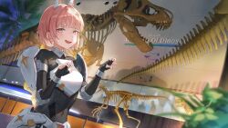 Rule 34 | 1girl, absurdres, armor, armored boots, black bodysuit, blush, bodysuit, boots, breastplate, dinosaur, goddess of victory: nikke, hair ornament, headgear, highres, looking at viewer, mrr 05, museum, noah (nikke), open mouth, pink eyes, pink hair, short hair, shoulder armor, skeleton, smug, solo, standing, thigh boots