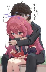 Rule 34 | 1boy, 1girl, armband, bare legs, behind another, black suit, blue archive, blue eyes, blue jacket, blue shirt, blush, book, brown hair, closed mouth, collared shirt, commentary request, crossed bangs, ear blush, formal, hair between eyes, halo, hetero, highres, hug, hug from behind, iroha (blue archive), jacket, lanenumber5, long hair, necktie, open book, reading, red armband, red hair, red necktie, revision, sensei (blue archive), shirt, short hair, sidelocks, sitting, size difference, smelling, smelling hair, suit, tatami, translated, very long hair, wavy hair