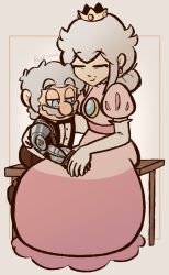 Rule 34 | 1boy, 1girl, aged up, blue eyes, crown, dress, earrings, facial hair, globe, grin, growing old together, highres, holding hands, jewelry, mario, mario (series), metal arm, mustache, nintendo, old, old man, old woman, pink dress, ponytail, princess peach, sitting, smile, super mario bros. 1, white hair