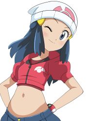 Rule 34 | 1girl, absurdres, beanie, blue eyes, blue hair, creatures (company), cropped jacket, dawn (pokemon), denim, denim shorts, game freak, hainchu, hair ornament, hairclip, hat, highres, jacket, long hair, looking at viewer, midriff, navel, nintendo, one eye closed, pokemon, pokemon (anime), poketch, red jacket, short sleeves, shorts, simple background, smile, solo, stomach, upper body, watch, white background, white hat, wristwatch