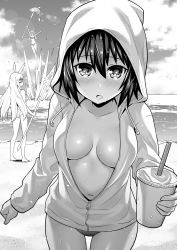 Rule 34 | 3girls, :o, animal hood, barefoot, beach, bikini, bikini bottom only, bikini under clothes, breasts, cat hood, cleavage, cloud, collarbone, cowboy shot, cup, disposable cup, drawstring, drinking glass, drinking straw, fate/grand order, fate (series), fish, greyscale, hair between eyes, head wings, highres, hildr (fate), holding, holding cup, holding weapon, hood, hood up, hooded jacket, jacket, jumping, lance, lens flare, long sleeves, looking at viewer, monochrome, multiple girls, navel, ocean, one-piece swimsuit, ono misao, open mouth, ortlinde (fate), outstretched hand, partially unzipped, polearm, short hair, sky, solo focus, splashing, standing, swimsuit, thrud (fate), valkyrie (fate), water, weapon, wings