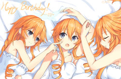 Rule 34 | 3girls, :o, arm up, armpits, bare shoulders, birthday, blue eyes, blush, braid, braided ponytail, breasts, cheek poking, cleavage, date a live, drill hair, facing another, facing viewer, finger to another&#039;s cheek, hair between eyes, hand on another&#039;s face, hand on another&#039;s head, hand up, happy birthday, highres, kazamachi yamai, large breasts, long hair, looking at another, lying, medium breasts, mixed-language commentary, multiple girls, multiple persona, nightgown, on back, on bed, on side, orange hair, parted lips, poking, seventh-natsu, siblings, sisters, sleeping, small breasts, smile, surprised, twin drills, twins, upper body, very long hair, yamai kaguya, yamai kazamachi, yamai yuzuru