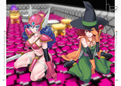 Rule 34 | 2girls, armor, bikini armor, blue eyes, blue hair, breasts, cape, cleavage, curvy, dragon quest, dragon quest iii, dress, elbow gloves, facing viewer, full body, gameplay mechanics, gloves, hat, helmet, high heels, kneeling, long hair, looking at viewer, mage (dq3), medium breasts, midriff, multiple girls, navel, orange gloves, pixelated, red eyes, red gloves, red hair, shiitake urimo, shoes, sitting, small breasts, smile, soldier (dq3), staff, sword, thigh strap, wariza, weapon, winged helmet, witch hat