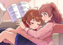 2girls ahoge black_overskirt blue_skirt blush book brown_hair closed_eyes couch cushion gakuen_idolmaster hanami_saki hanami_ume hatsuboshi_gakuen_school_uniform highres holding holding_book idolmaster indoors jacket kamille_(vcx68) long_sleeves looking_at_another lying multiple_girls on_back on_couch on_stomach pink_jacket school_uniform siblings sisters skirt sleepy thighhighs white_thighhighs