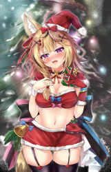 Rule 34 | 1girl, absurdres, alternate costume, asymmetrical hair, bandeau, bell, black thighhighs, blonde hair, blue nails, blush, bow, braid, breasts, choker, christmas, christmas lights, christmas tree, cleavage, cowboy shot, ebiko yaki, eyelashes, fang, fur-trimmed bandeau, fur-trimmed gloves, fur trim, garter straps, gloves, hair bow, hands on own chest, hands up, hat, head tilt, highres, holly, hololive, jingle bell, large breasts, long hair, looking at viewer, miniskirt, multicolored hair, multicolored nails, nail polish, navel, omaru polka, open mouth, purple eyes, red gloves, red nails, santa costume, santa hat, skindentation, skirt, smile, solo, streaked hair, thighhighs, thighs, twitter username, two-tone hair, virtual youtuber