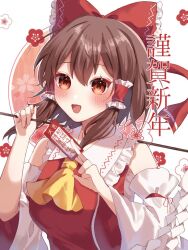 Rule 34 | 1girl, bare shoulders, blush, bow, breasts, brown eyes, brown hair, cherry blossoms, collar, detached sleeves, eyelashes, frilled bow, frilled collar, frills, hair between eyes, hair bow, hair tubes, hakurei reimu, hands up, holding, holding paper, holding stick, japanese clothes, long sleeves, looking at viewer, medium breasts, medium hair, miko, neckerchief, open mouth, paper, red bow, red ribbon, red shirt, ribbon, ribbon-trimmed sleeves, ribbon trim, shirt, sidelocks, simple background, siomi 403, smile, solo, stick, touhou, white background, white collar, wide sleeves, yellow neckerchief